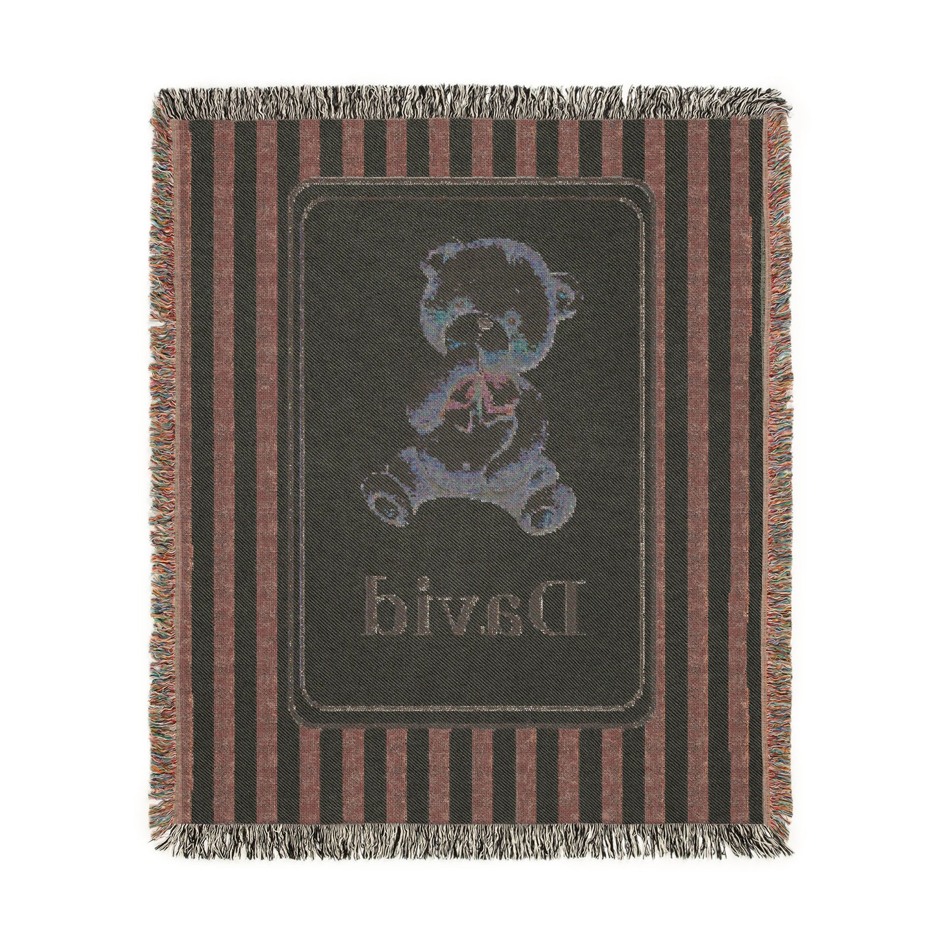 Reverse side of the personalized bear baby blanket in charcoal with mauve stripes
