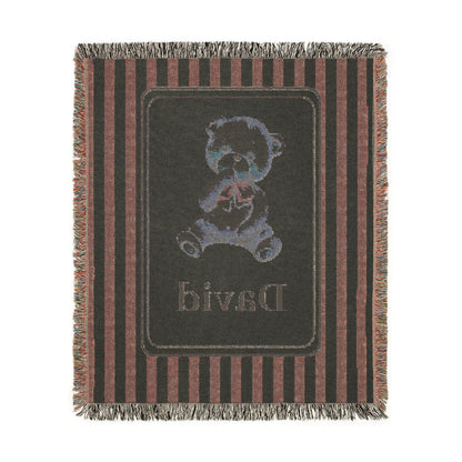 Reverse side of the personalized bear baby blanket in charcoal with mauve stripes