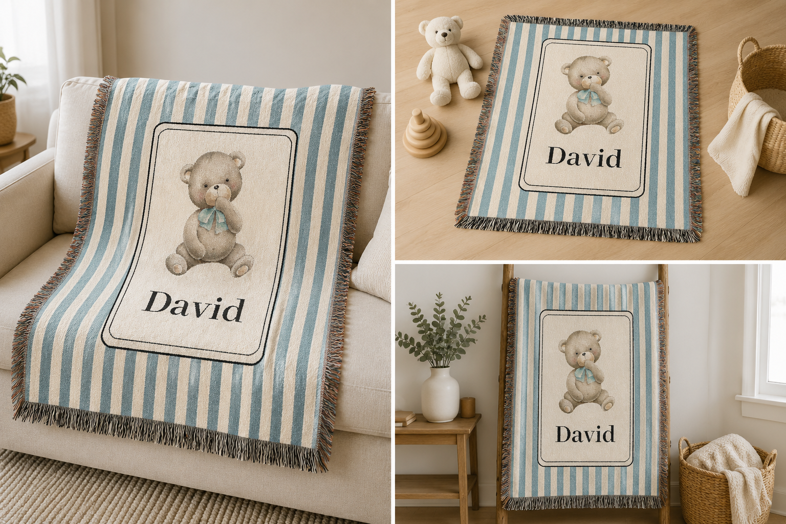 Three views of the personalized bear baby blanket: over a sofa, folded with a teddy, and beside a plant