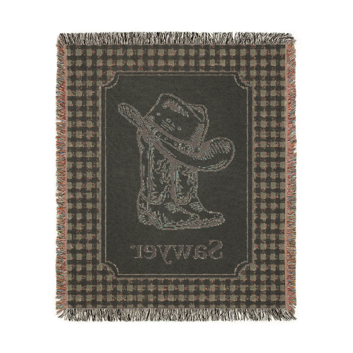 Reverse side of the personalized cowboy baby blanket in deep green