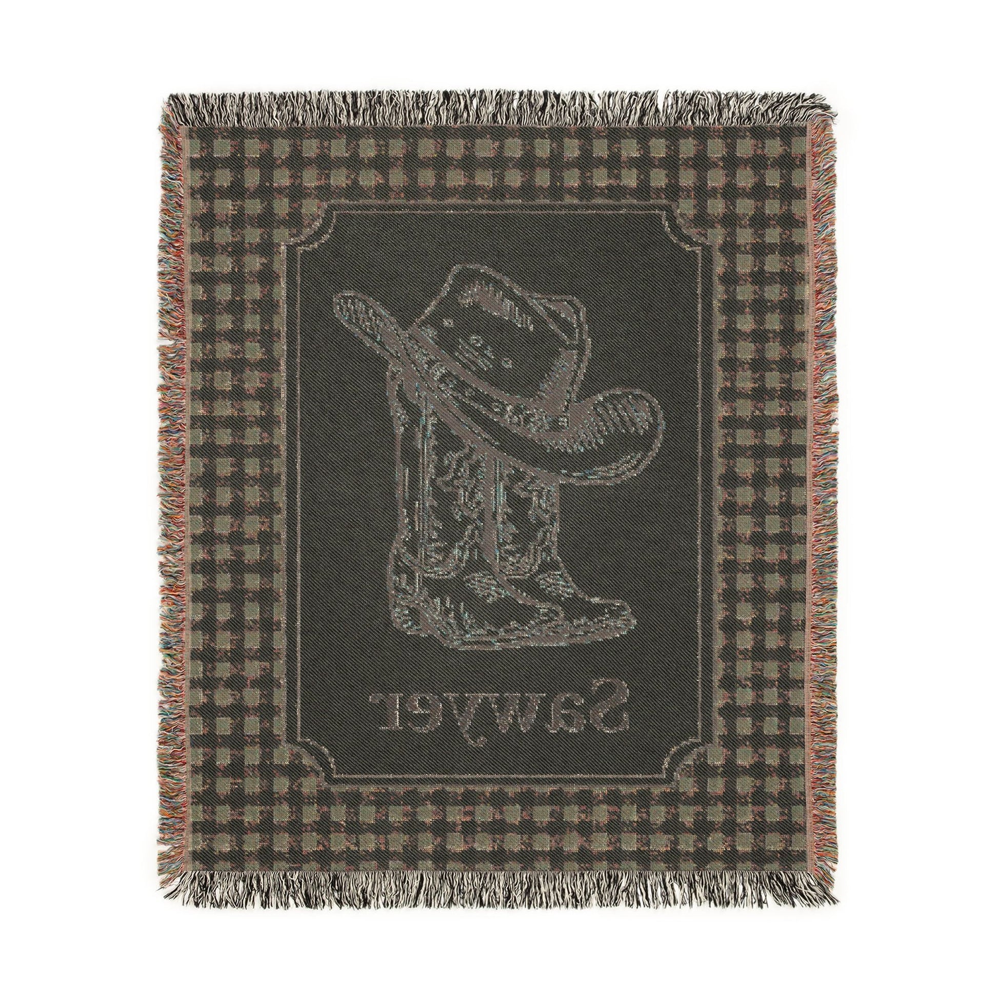 Reverse side of the personalized cowboy baby blanket in deep green
