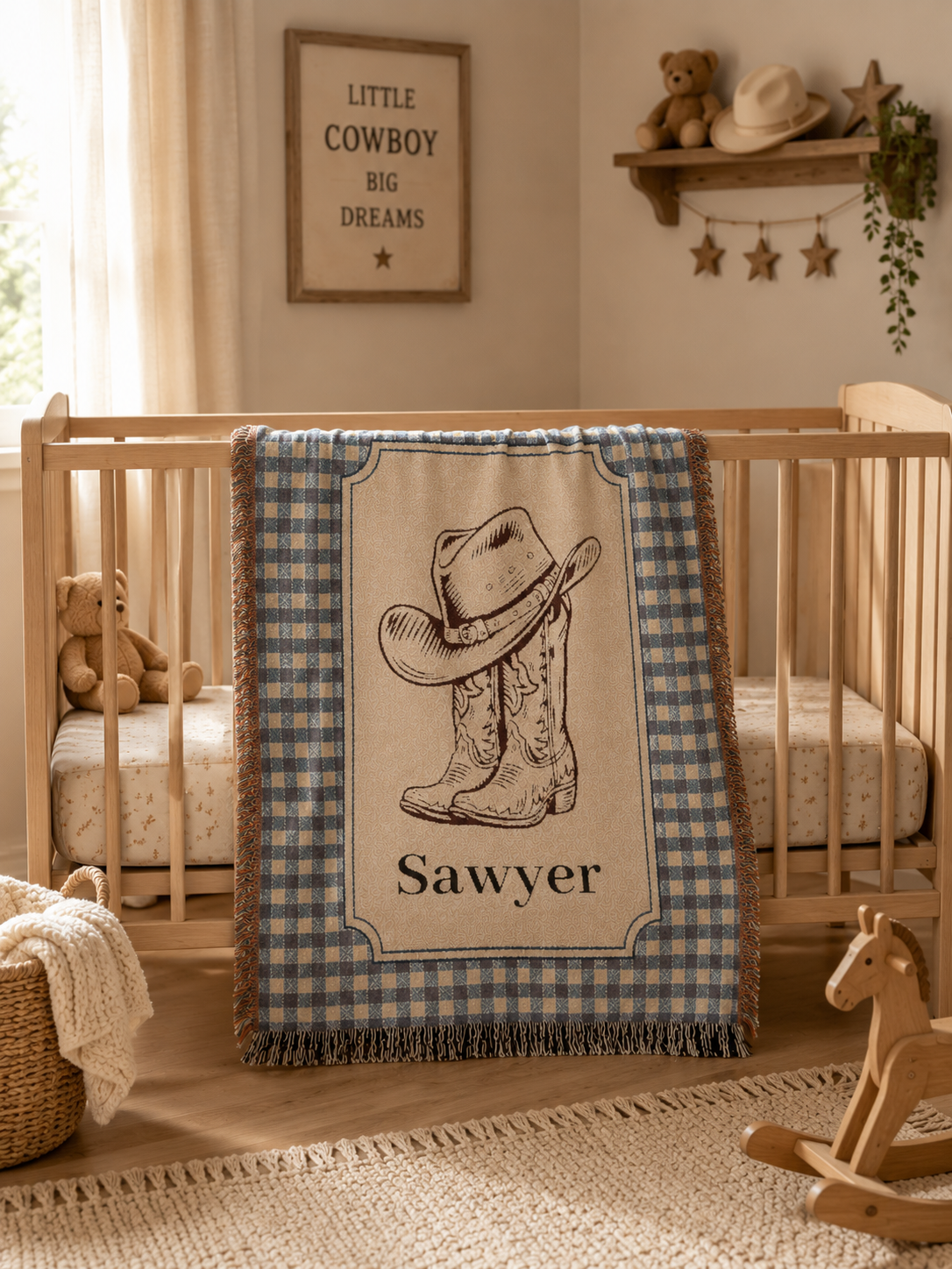 Personalized cowboy baby blanket draped over a wooden crib in a neutral nursery