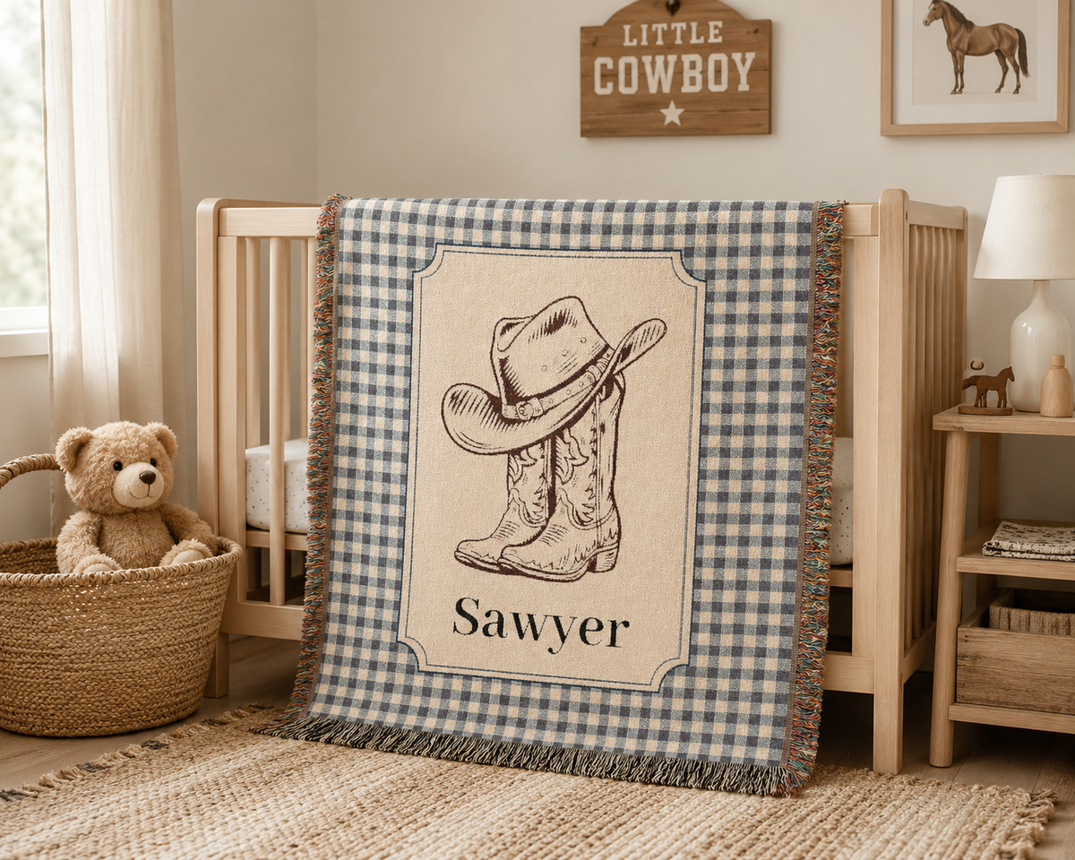 Personalized cowboy baby blanket in a nursery with a woven basket and soft toys