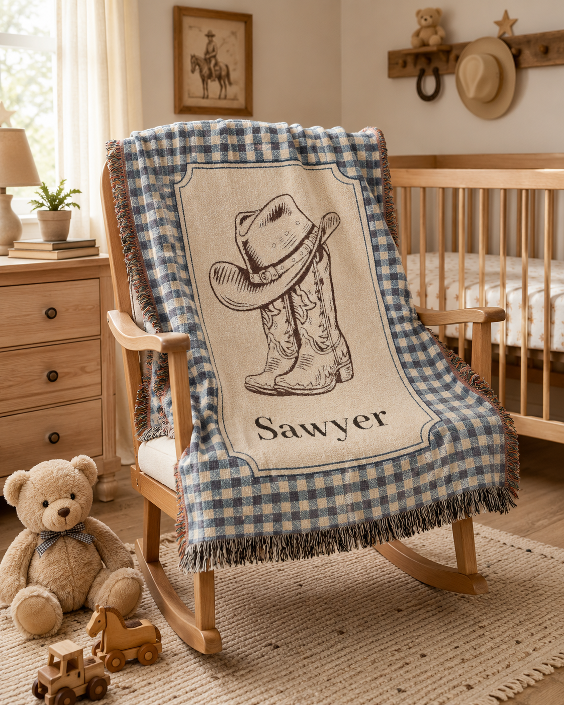 Personalized cowboy baby blanket over a rocking chair with a teddy bear on the floor