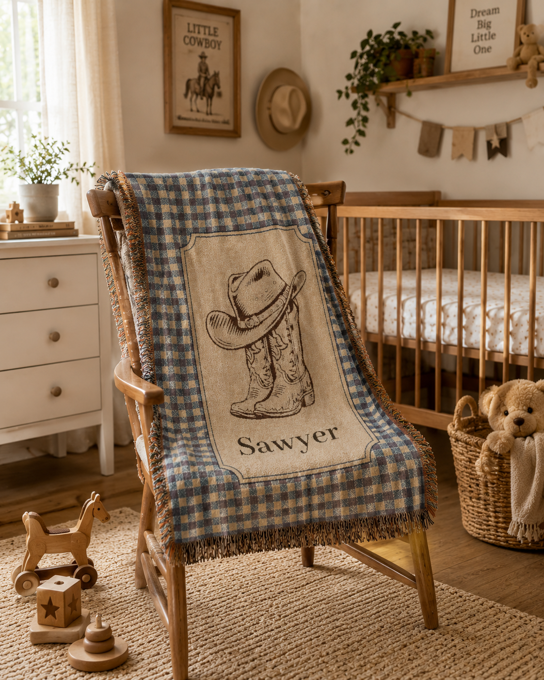 Personalized cowboy baby blanket over a rocking chair beside a crib and shelves