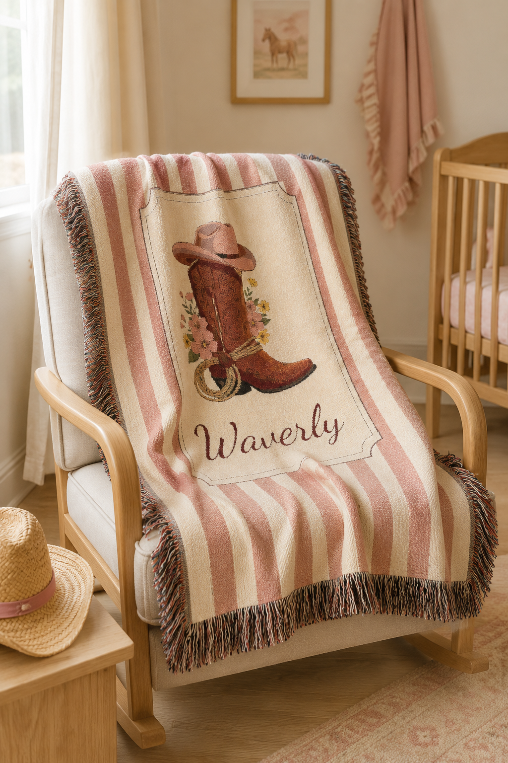 Personalized cowgirl boot baby blanket over an armchair in a warm nursery
