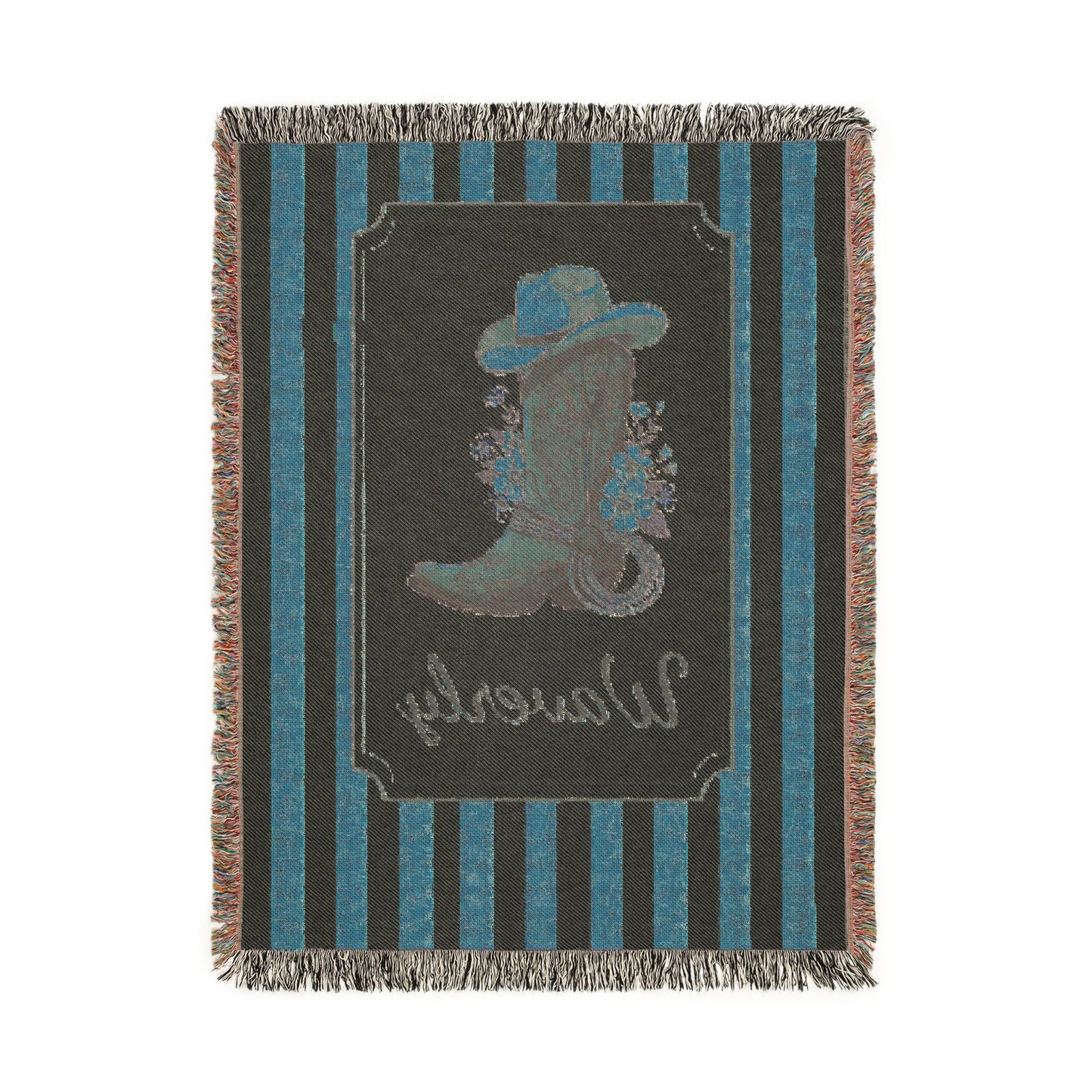 Reverse side of the personalized cowgirl boot baby blanket in teal