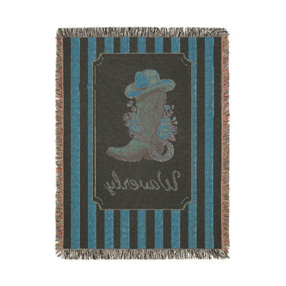 Reverse side of the personalized cowgirl boot baby blanket in teal