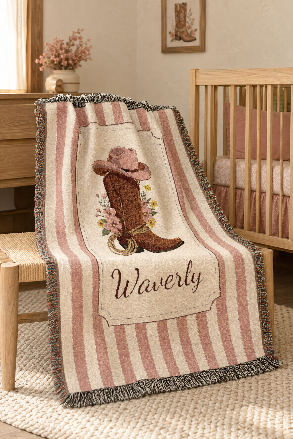 Personalized cowgirl boot baby blanket in a nursery with a crib and framed art