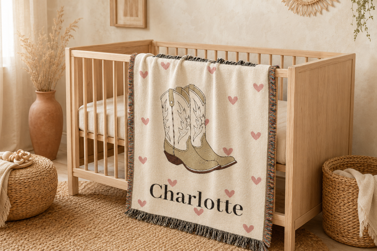 Personalized cowgirl baby blanket draped over the rail of a wooden crib