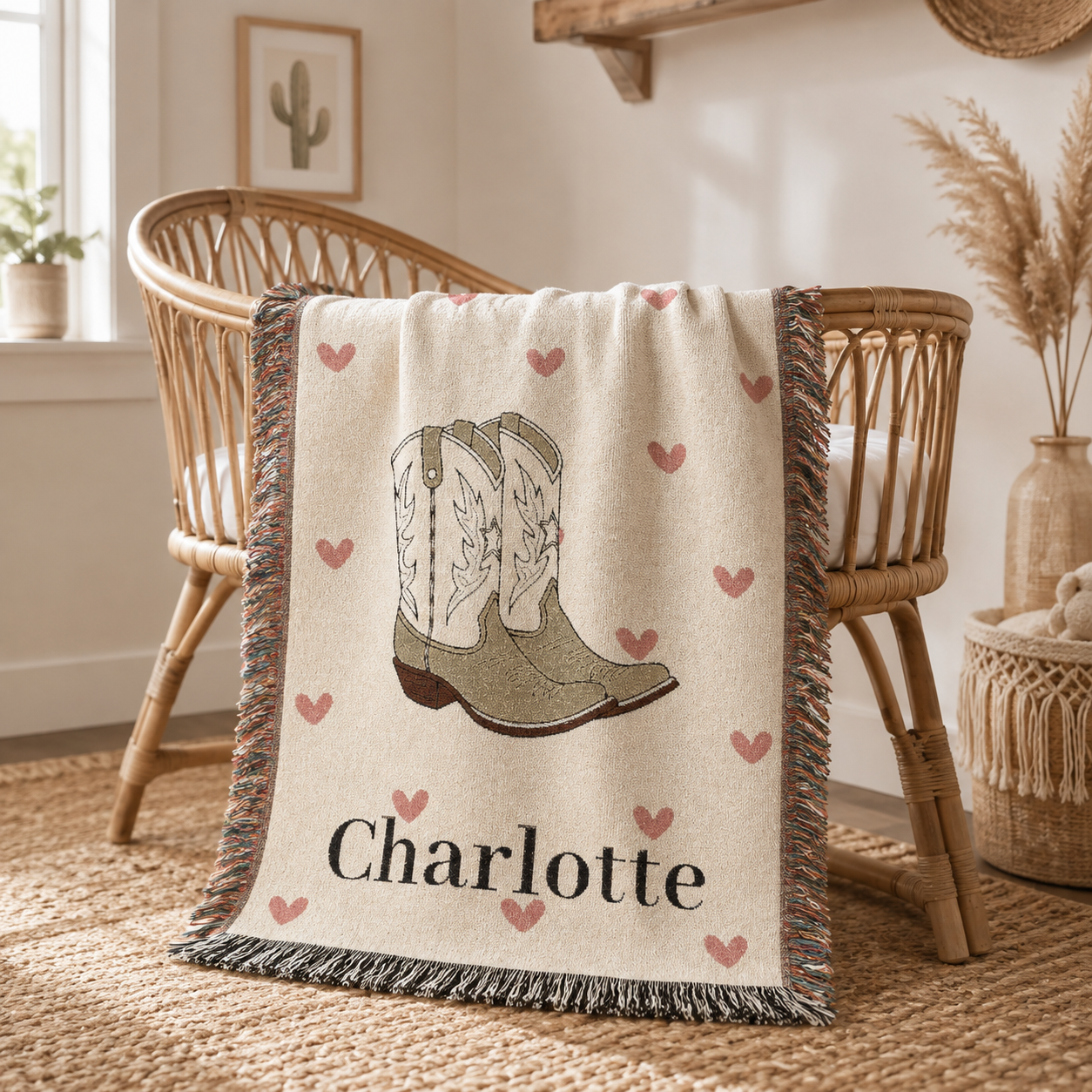 Personalized cowgirl baby blanket over a wooden chair beside a crib in a neutral nursery