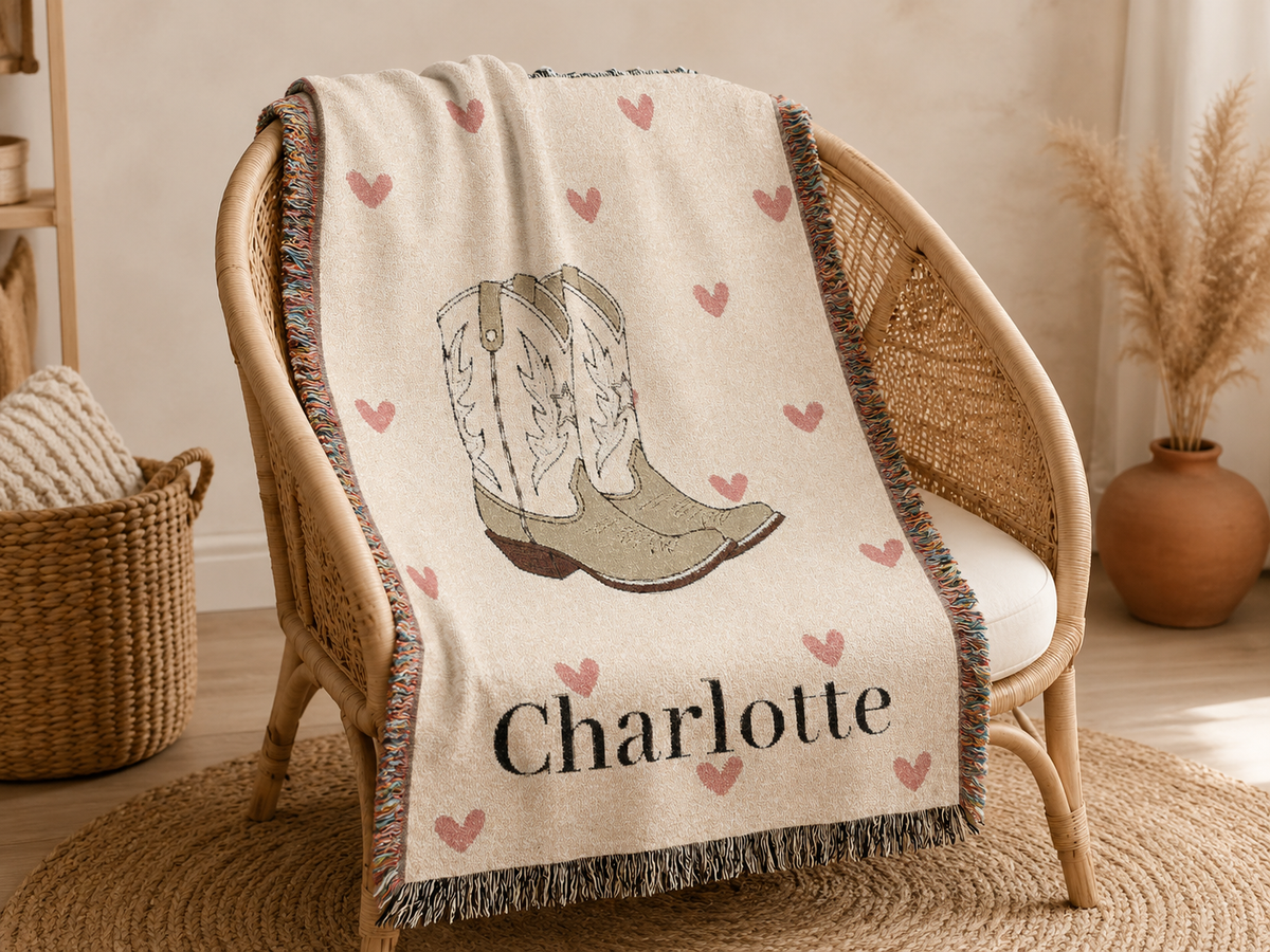 Personalized cowgirl baby blanket over a rattan chair in a nursery