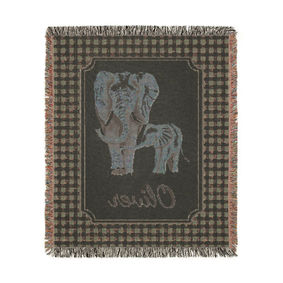 Reverse side of the personalized elephant baby blanket in deep brown