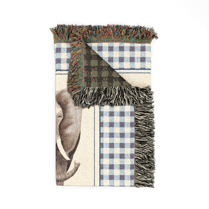 Folded personalized elephant baby blanket showing the fringed edge and the brown reverse side