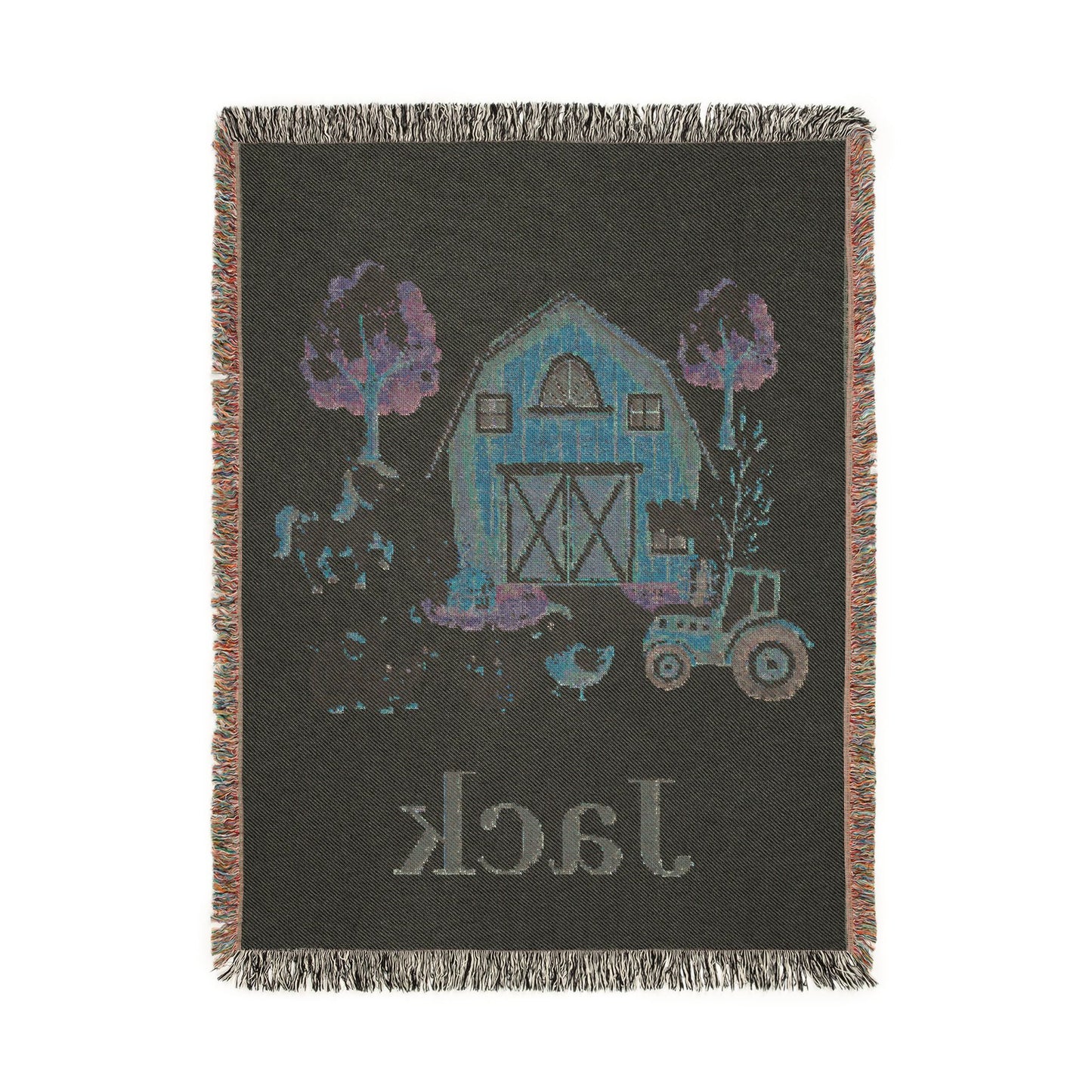 Reverse side of the personalized farm baby blanket in deep green