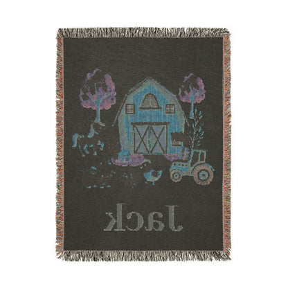 Reverse side of the personalized farm baby blanket in deep green