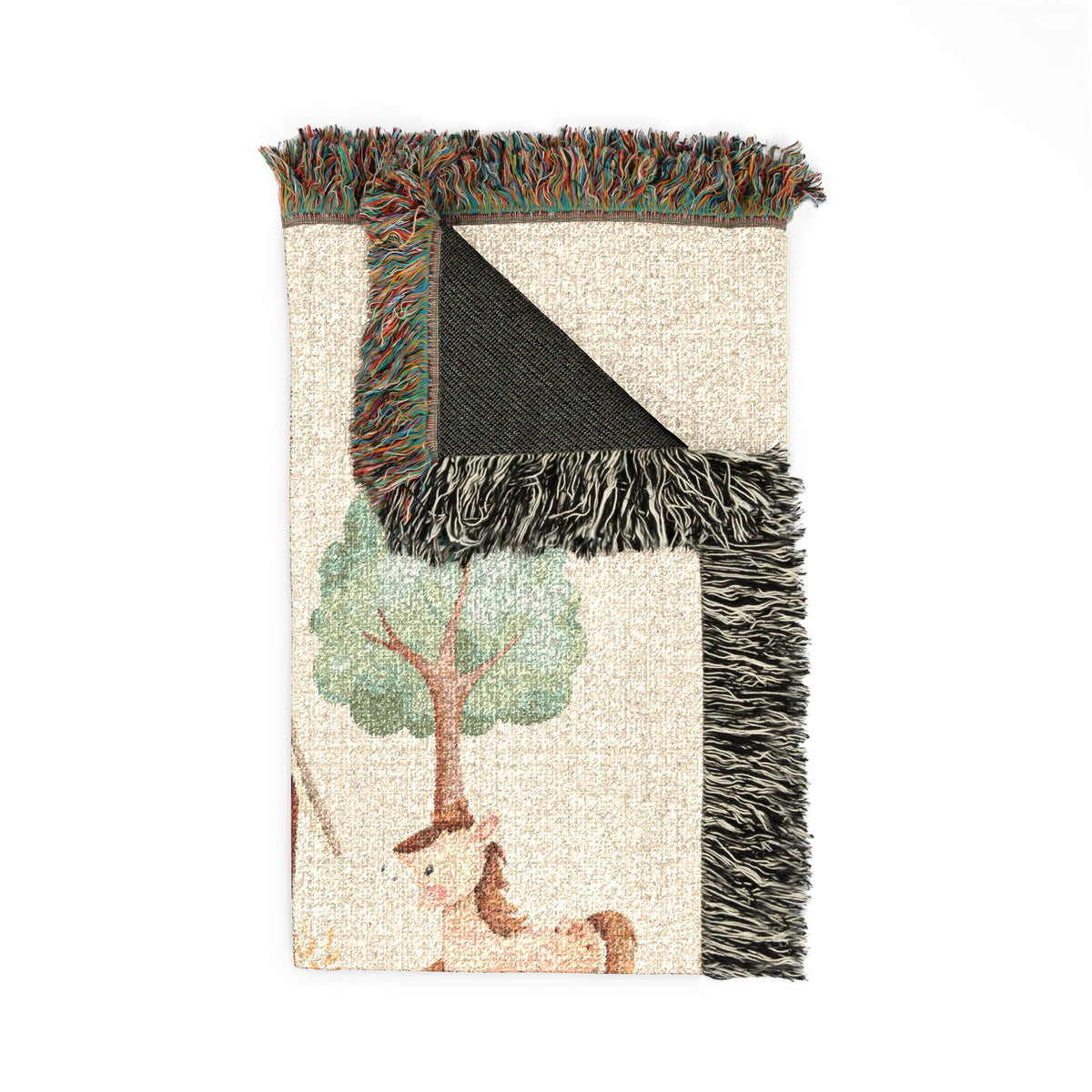Folded personalized farm baby blanket showing the fringed edge and the green reverse side