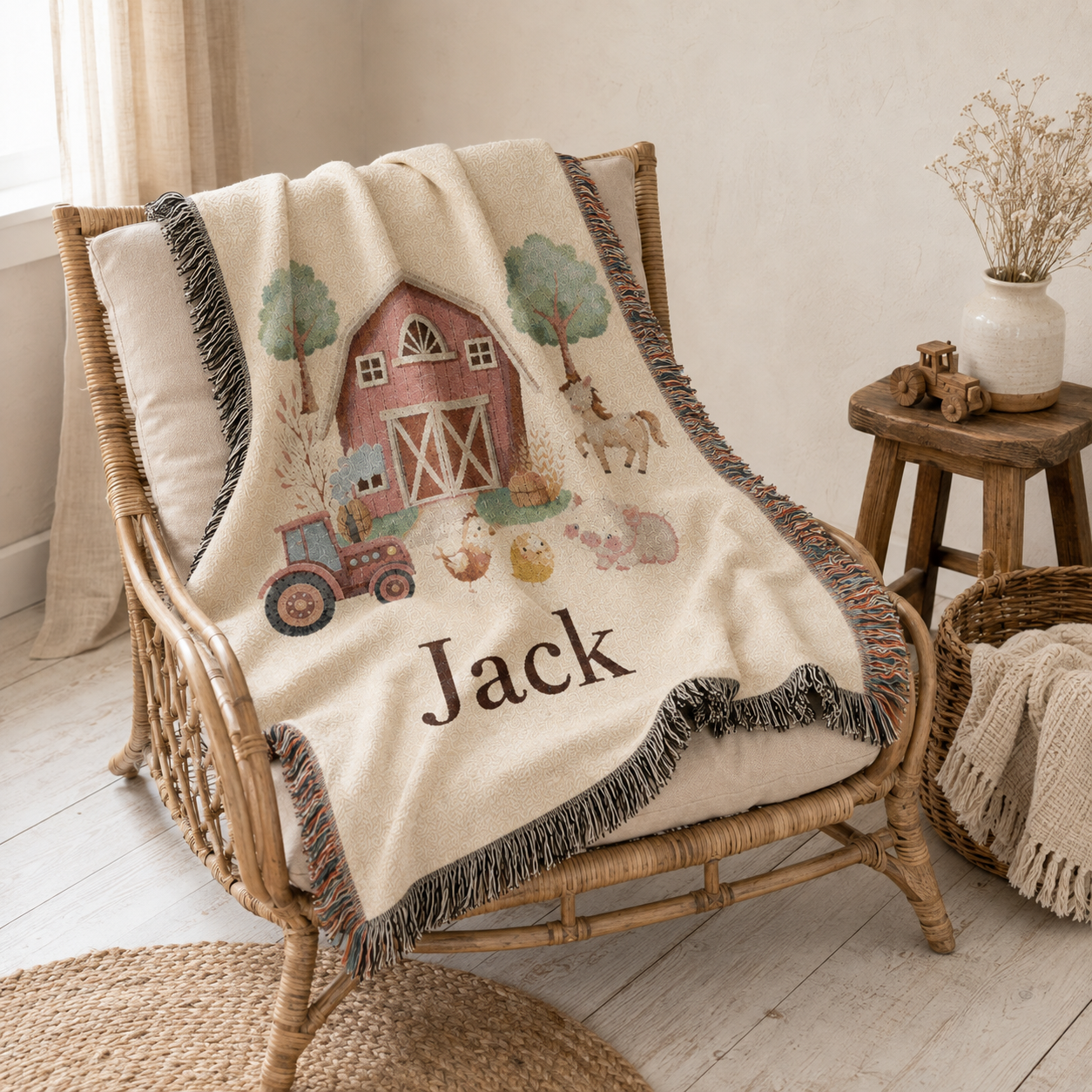Personalized farm baby blanket over a rattan chair beside a side table
