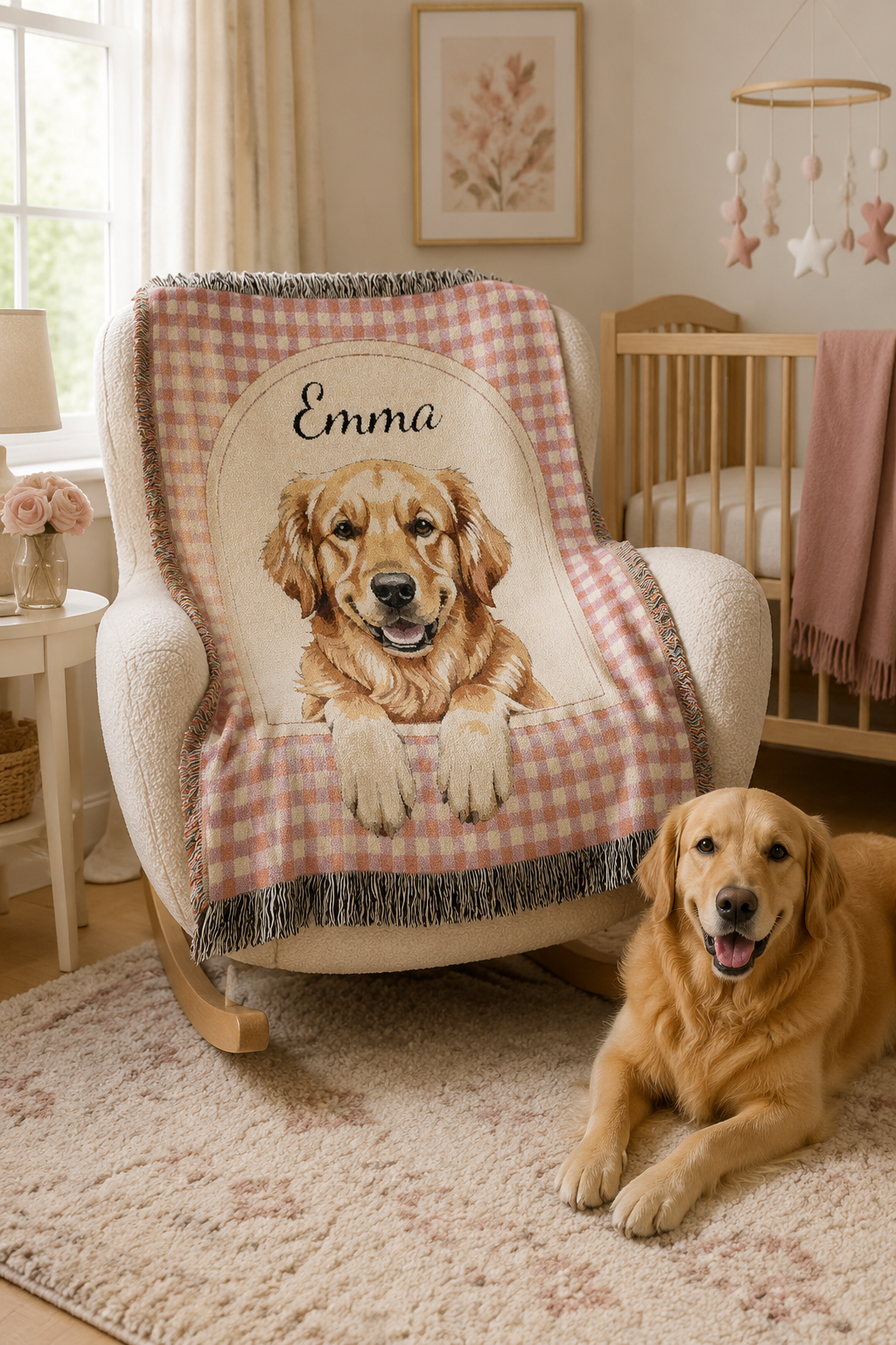 Personalized golden retriever blanket over a pink armchair with a real golden retriever lying beside it