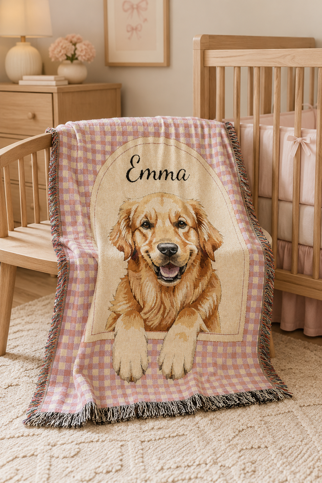 Personalized golden retriever blanket over a crib with a real golden retriever on the rug