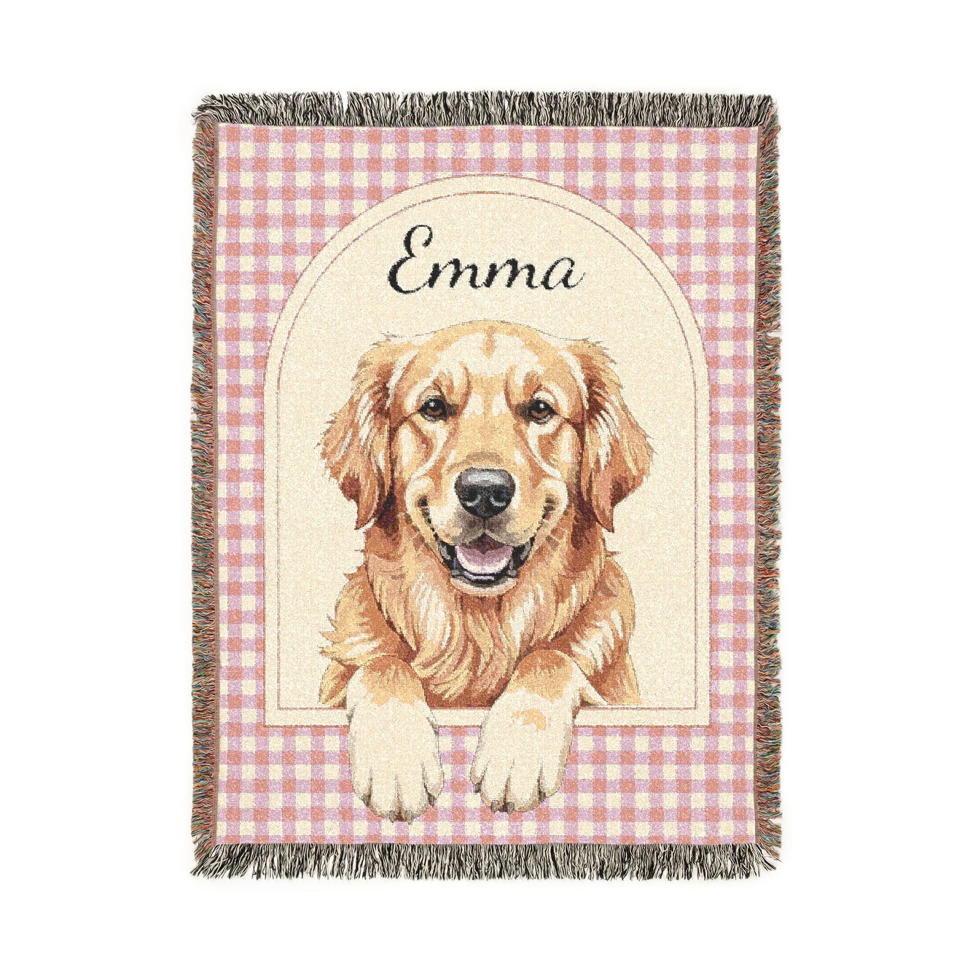 Personalized woven baby blanket with a golden retriever in an arched panel on pink gingham, with a name woven in, shown flat