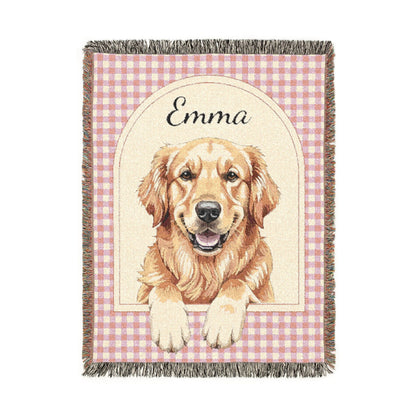Personalized woven baby blanket with a golden retriever in an arched panel on pink gingham, with a name woven in, shown flat