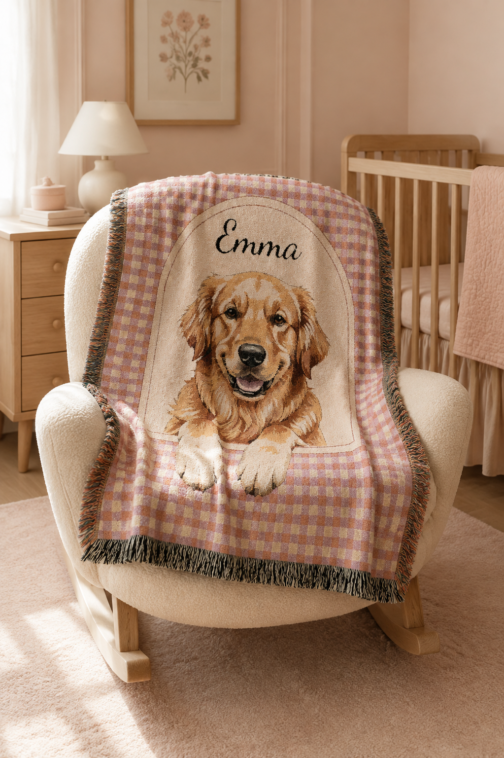 Personalized golden retriever blanket over a rocking chair in a nursery