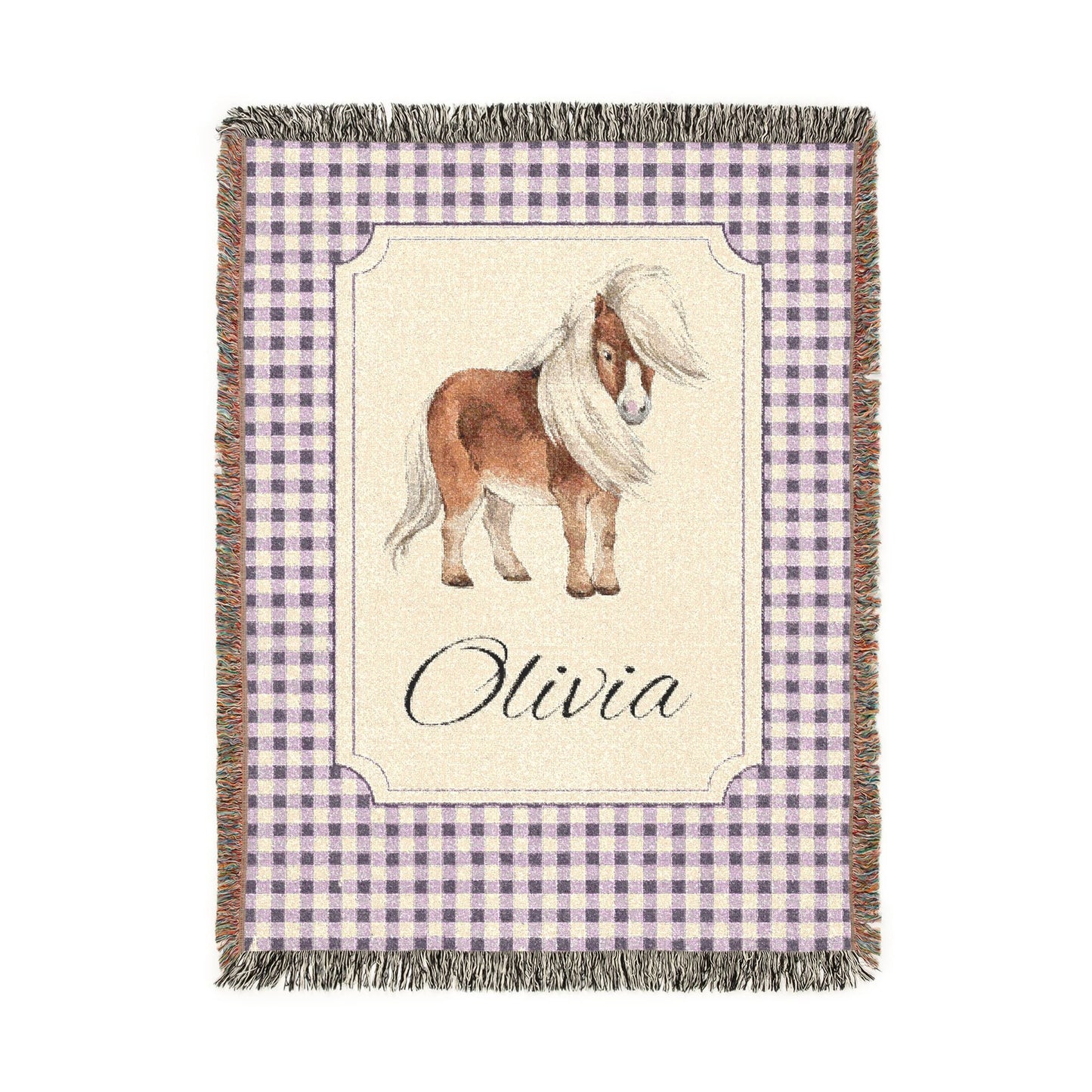 Personalized woven baby blanket with a chestnut pony in a framed panel on mauve gingham, with a name woven in, shown flat