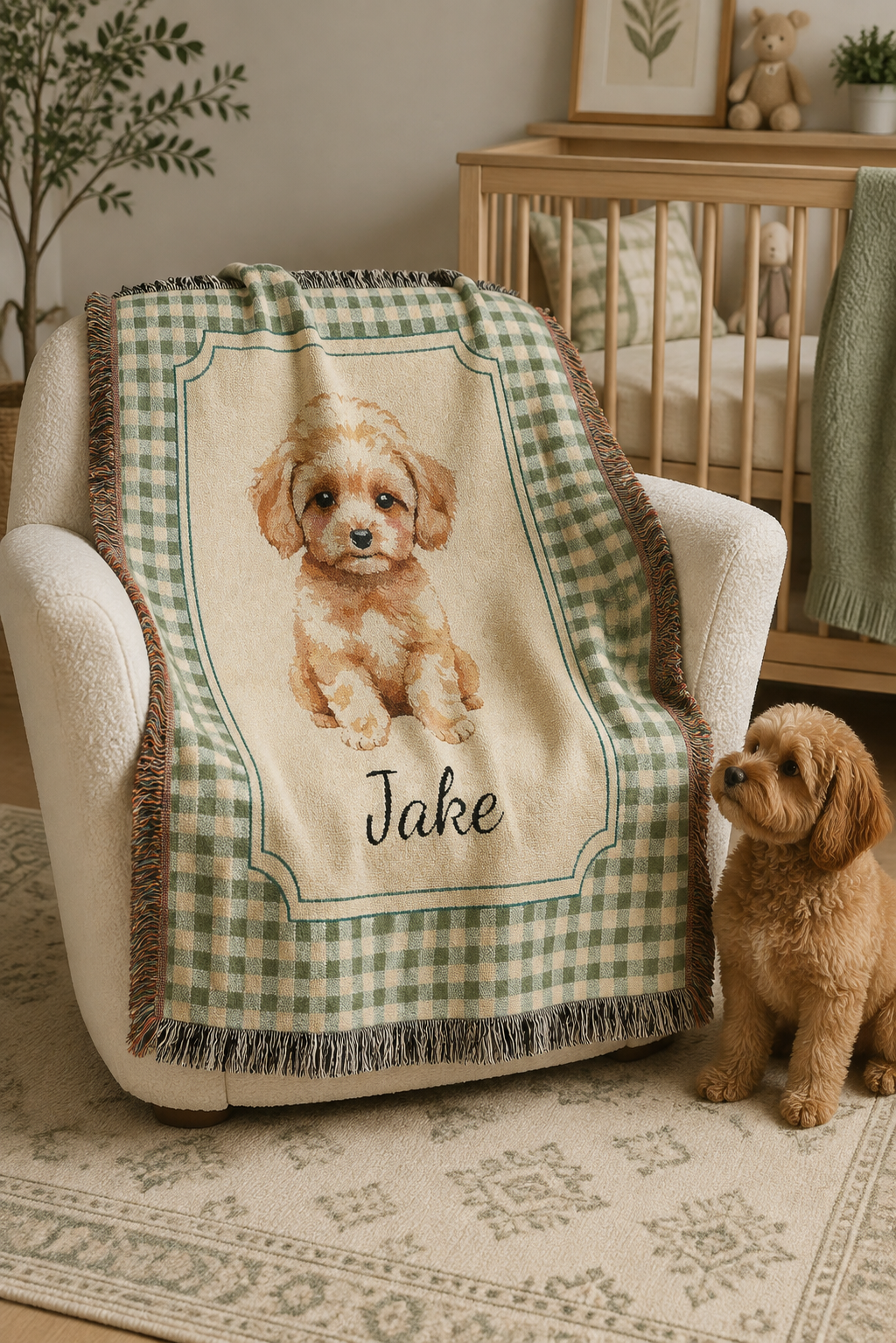 Personalized puppy baby blanket draped over the rail of a wooden crib in a nursery