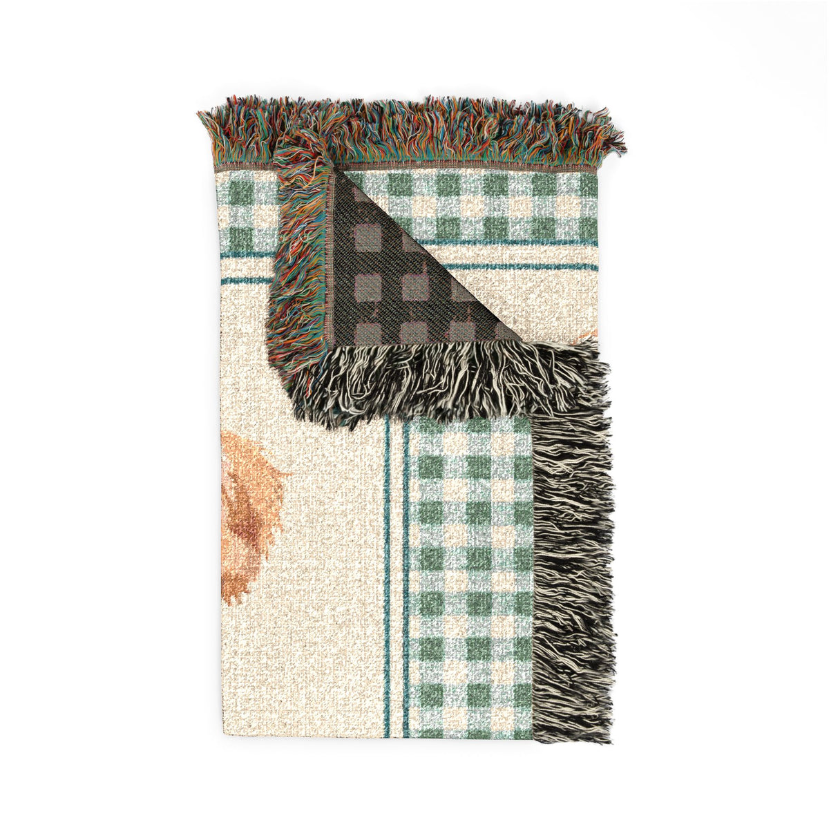 Folded personalized puppy baby blanket showing the fringed edge and the dark reverse side