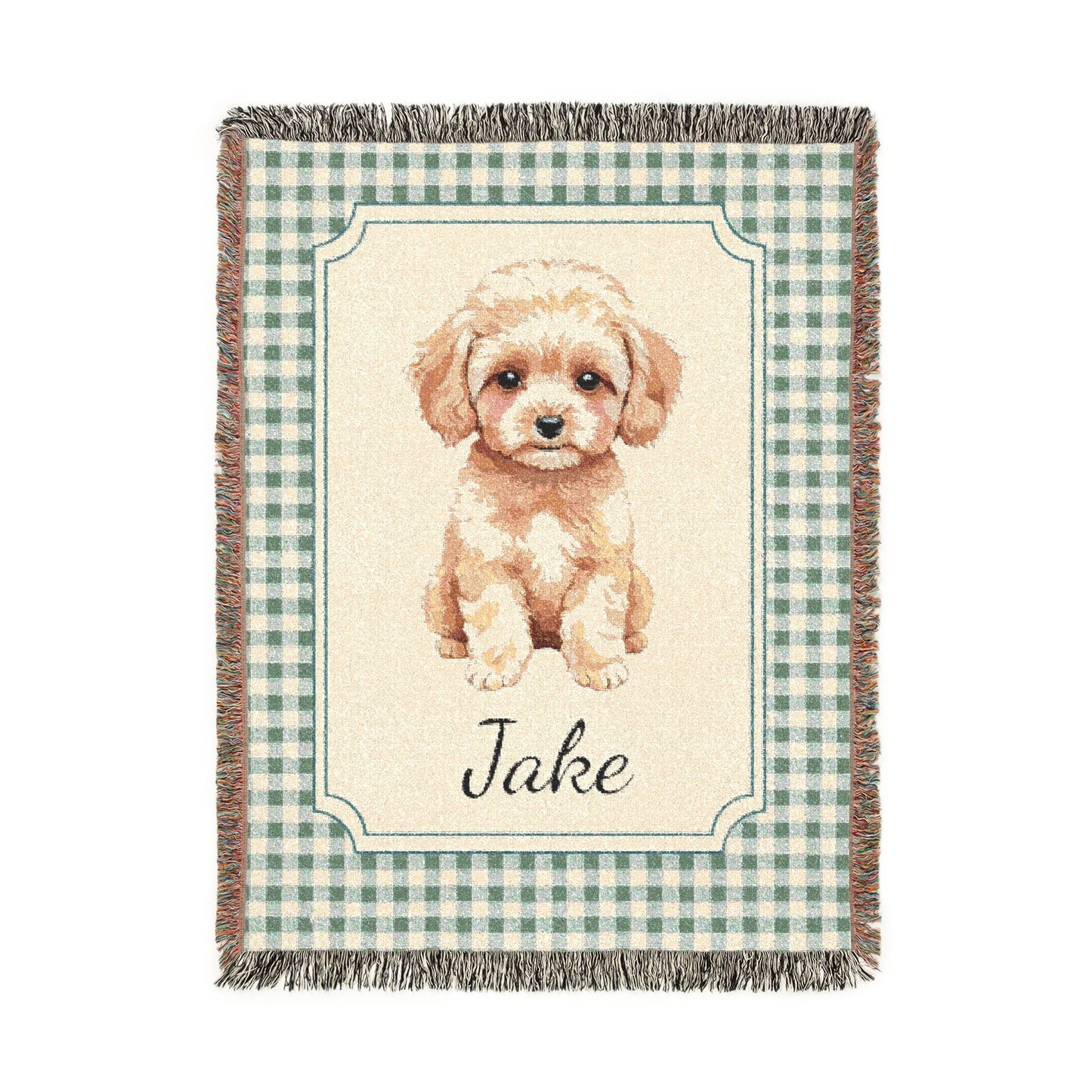 Personalized woven baby blanket with a cream apricot puppy in a framed panel on sage gingham, with a name woven in, shown flat