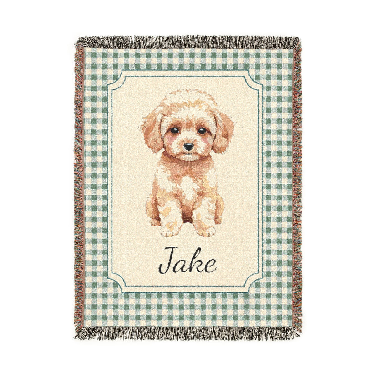 Personalized woven baby blanket with a cream apricot puppy in a framed panel on sage gingham, with a name woven in, shown flat