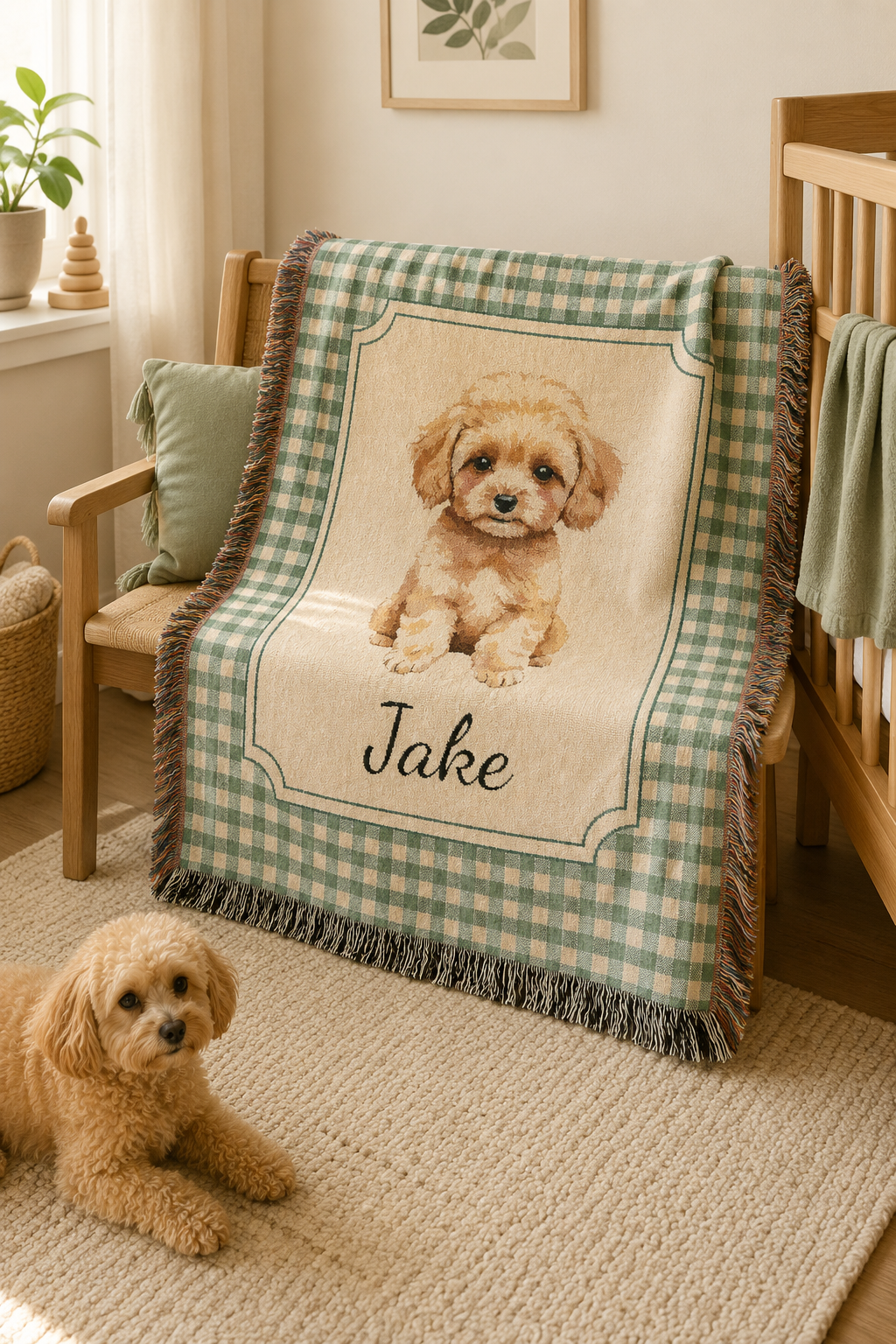 Personalized puppy baby blanket in a nursery with a crib and a puppy lying on the rug