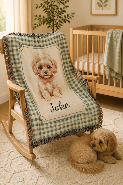 Personalized puppy baby blanket over a rocking chair with a real puppy sitting on the floor beside it