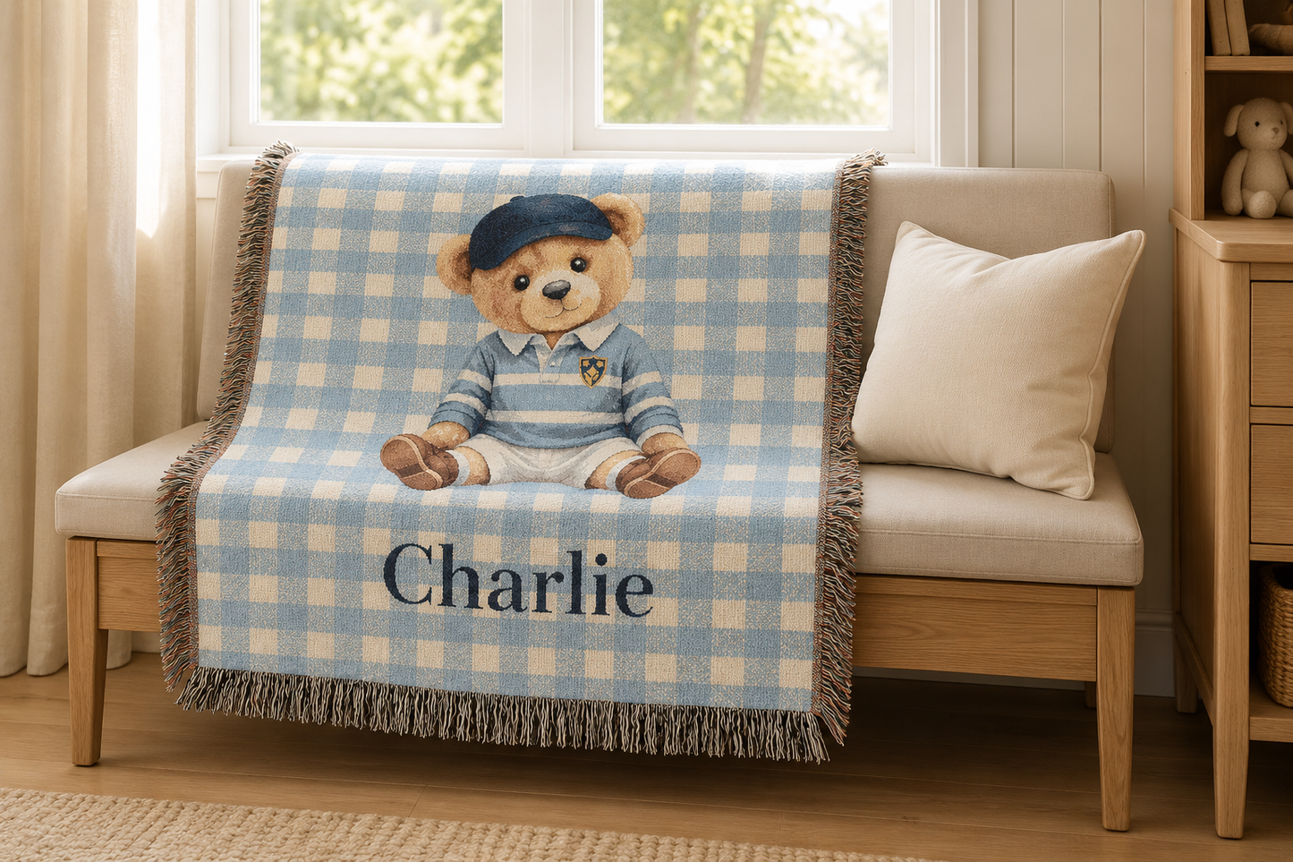Personalized teddy bear baby blanket over a cream armchair beside a window