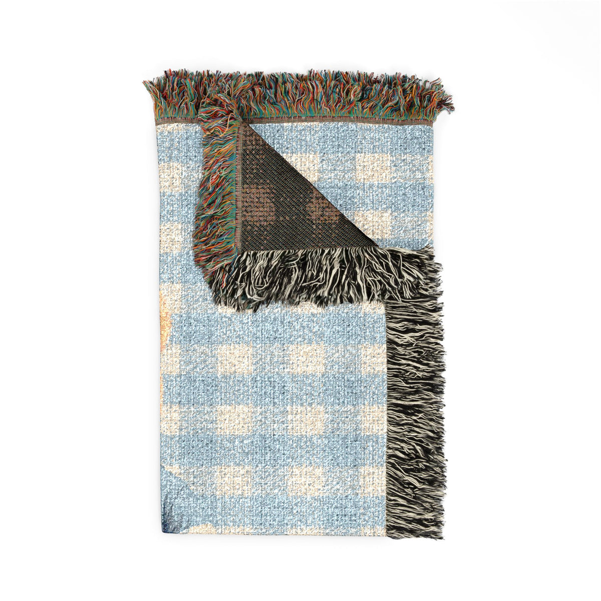 Folded personalized teddy bear baby blanket showing the fringed edge and the brown reverse side