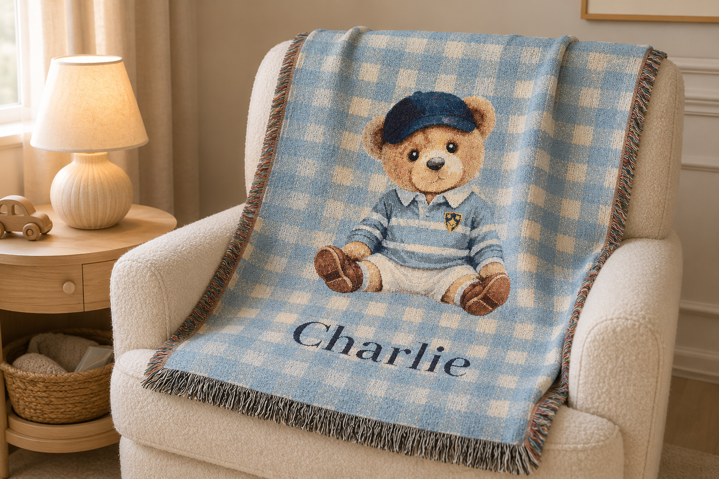 Personalized teddy bear baby blanket over a nursery chair beside a table lamp
