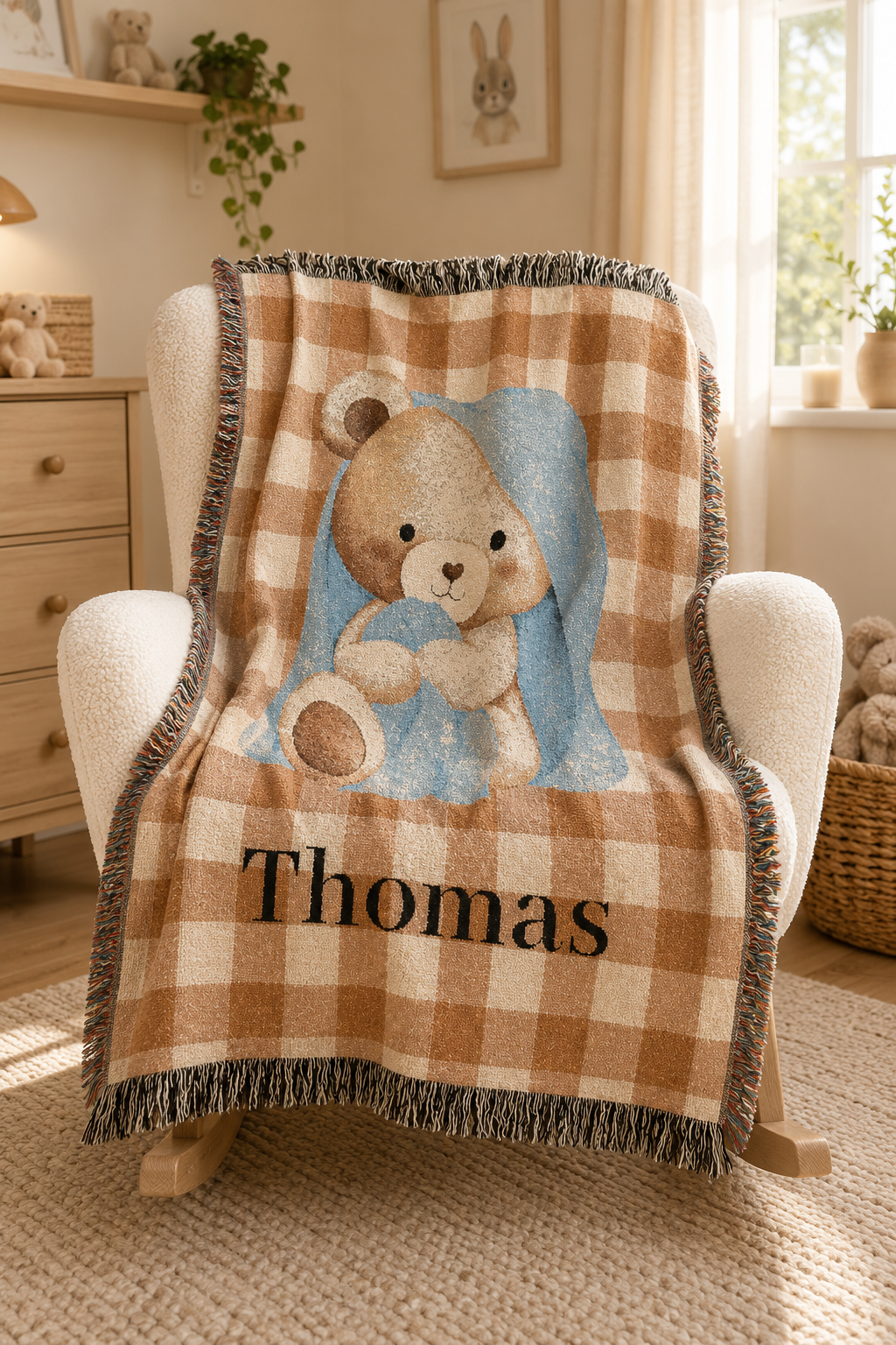 Personalized teddy bear baby blanket over a cream armchair in a nursery