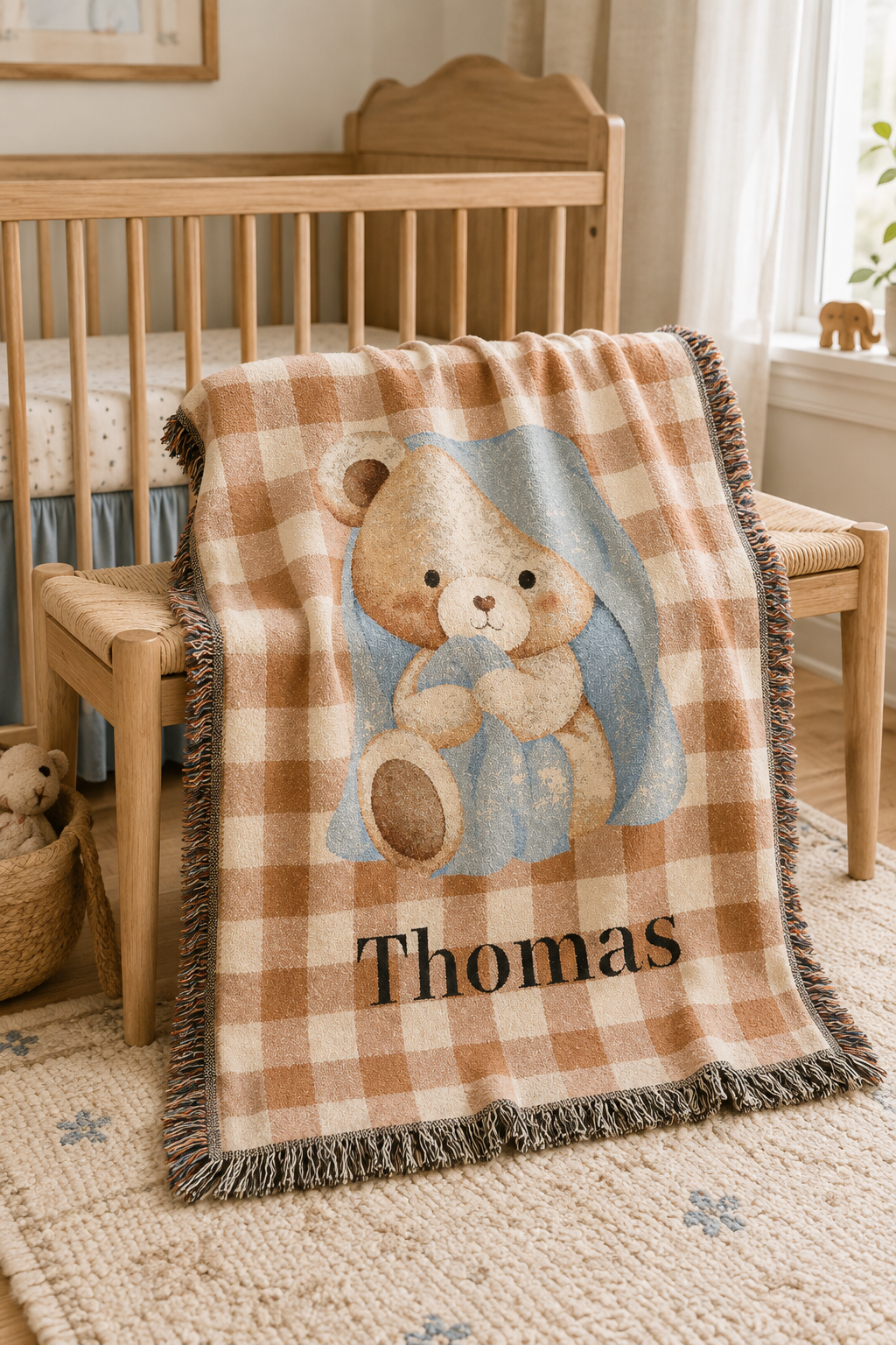 Personalized teddy bear baby blanket over the rail of a wooden crib in a nursery