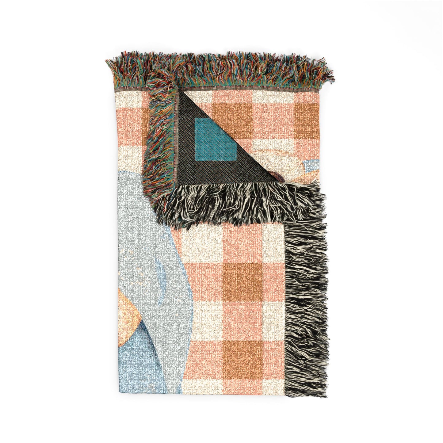 Folded personalized teddy bear baby blanket showing the fringed edge and the teal reverse side