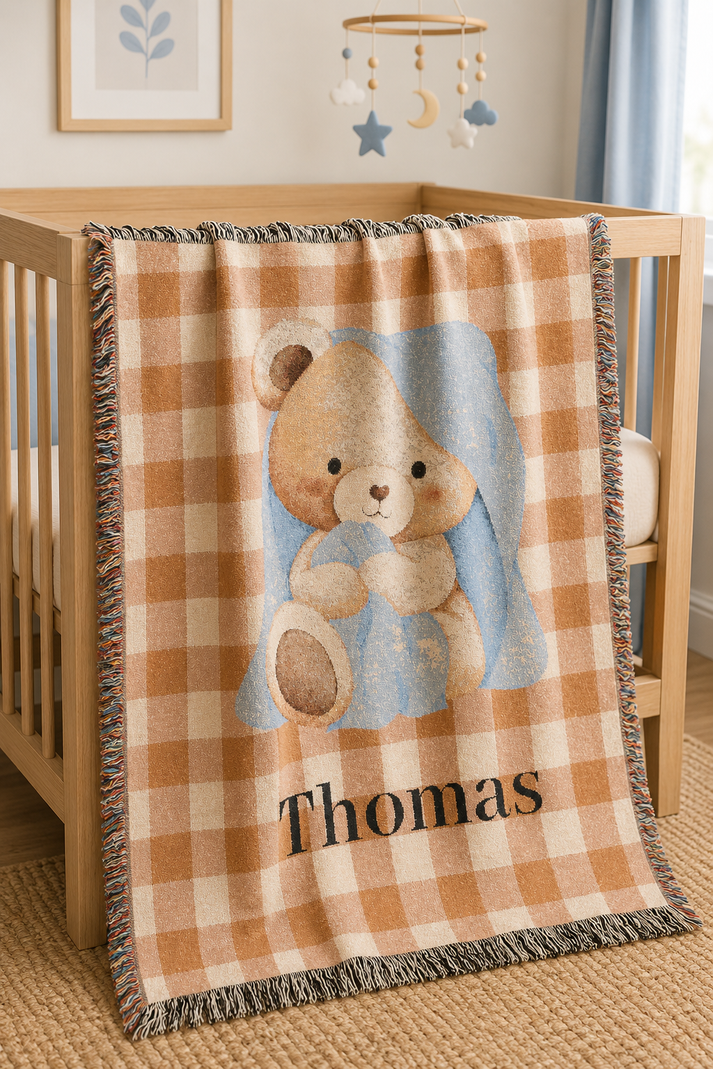 Personalized teddy bear baby blanket over a crib in a bright nursery with a mobile