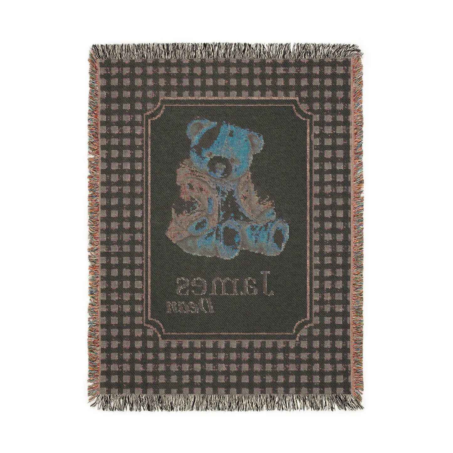 Reverse side of the personalized teddy bear baby blanket in dark charcoal