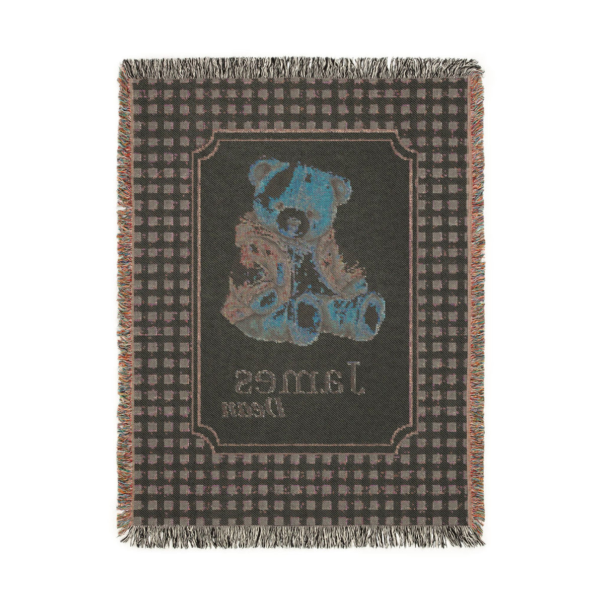 Reverse side of the personalized teddy bear baby blanket in dark charcoal