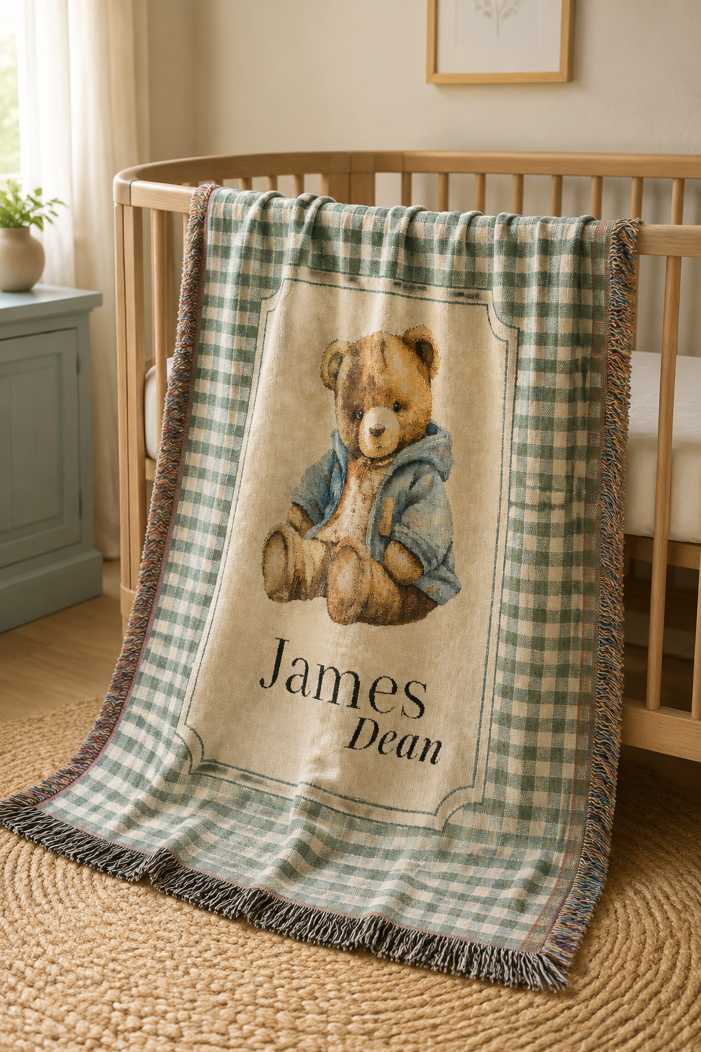 Personalized teddy bear baby blanket over the rail of a wooden crib in a nursery