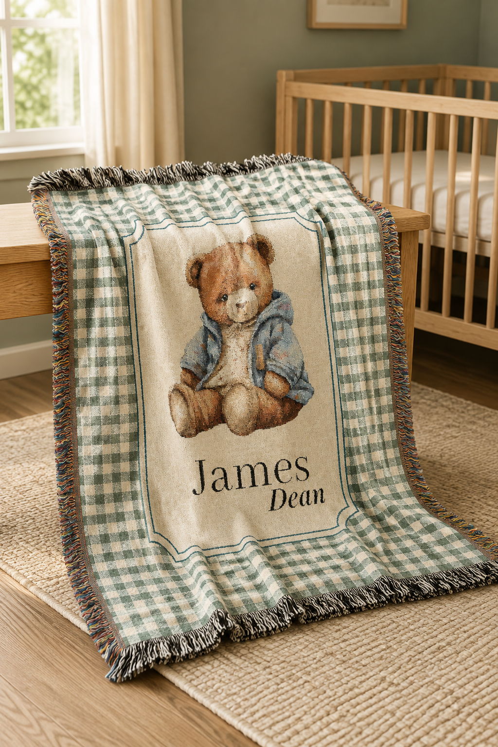 Personalized teddy bear baby blanket over a crib in a bright nursery