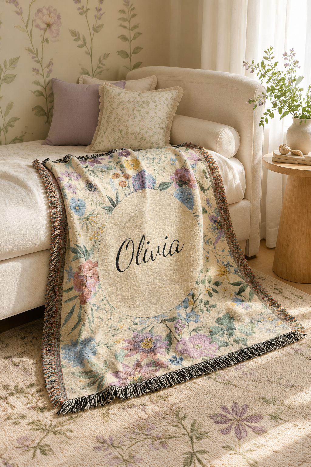 Personalized wildflower baby blanket over a cream armchair in a bright nursery
