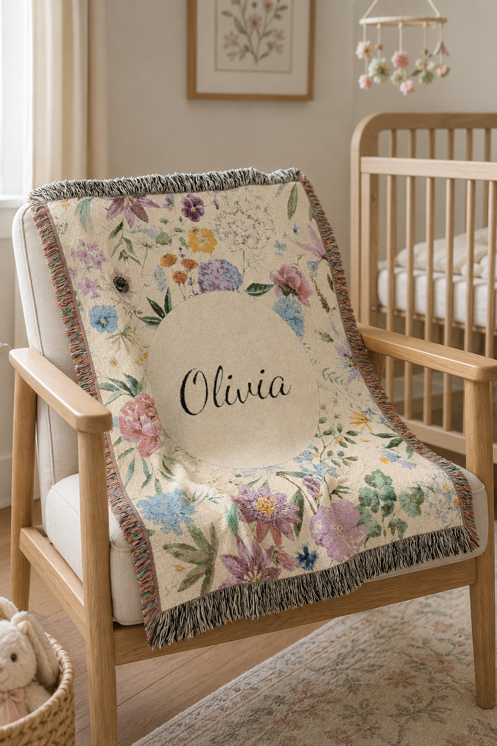 Personalized wildflower baby blanket draped over the rail of a wooden crib