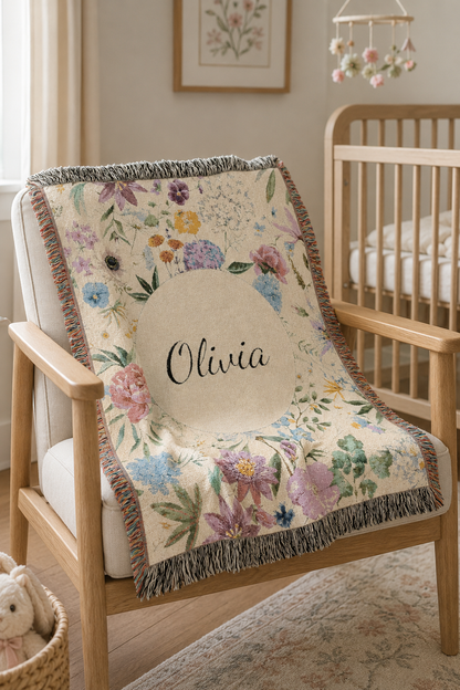 Personalized wildflower baby blanket draped over the rail of a wooden crib