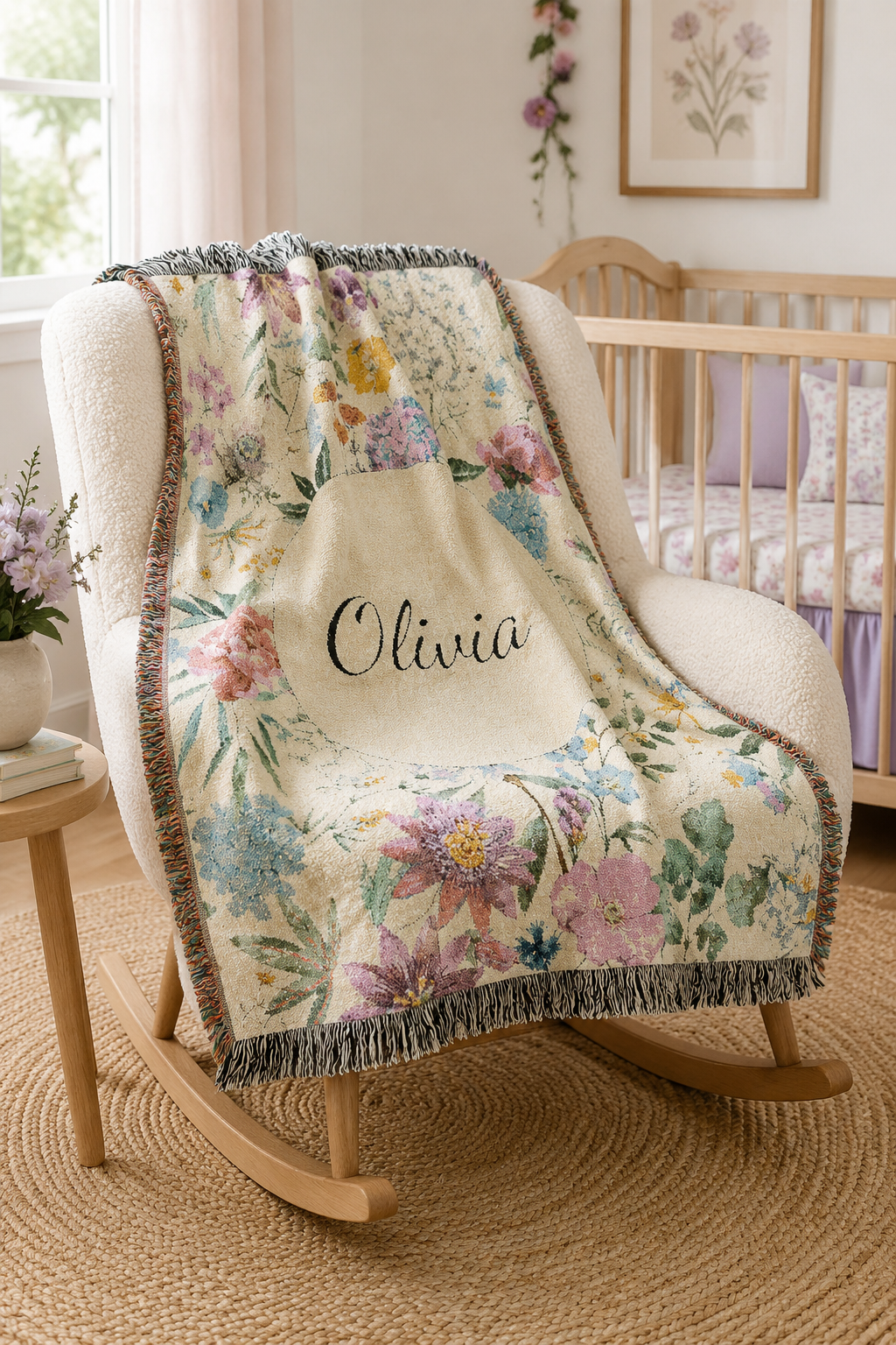 Personalized wildflower baby blanket over a wooden rocking chair in a nursery