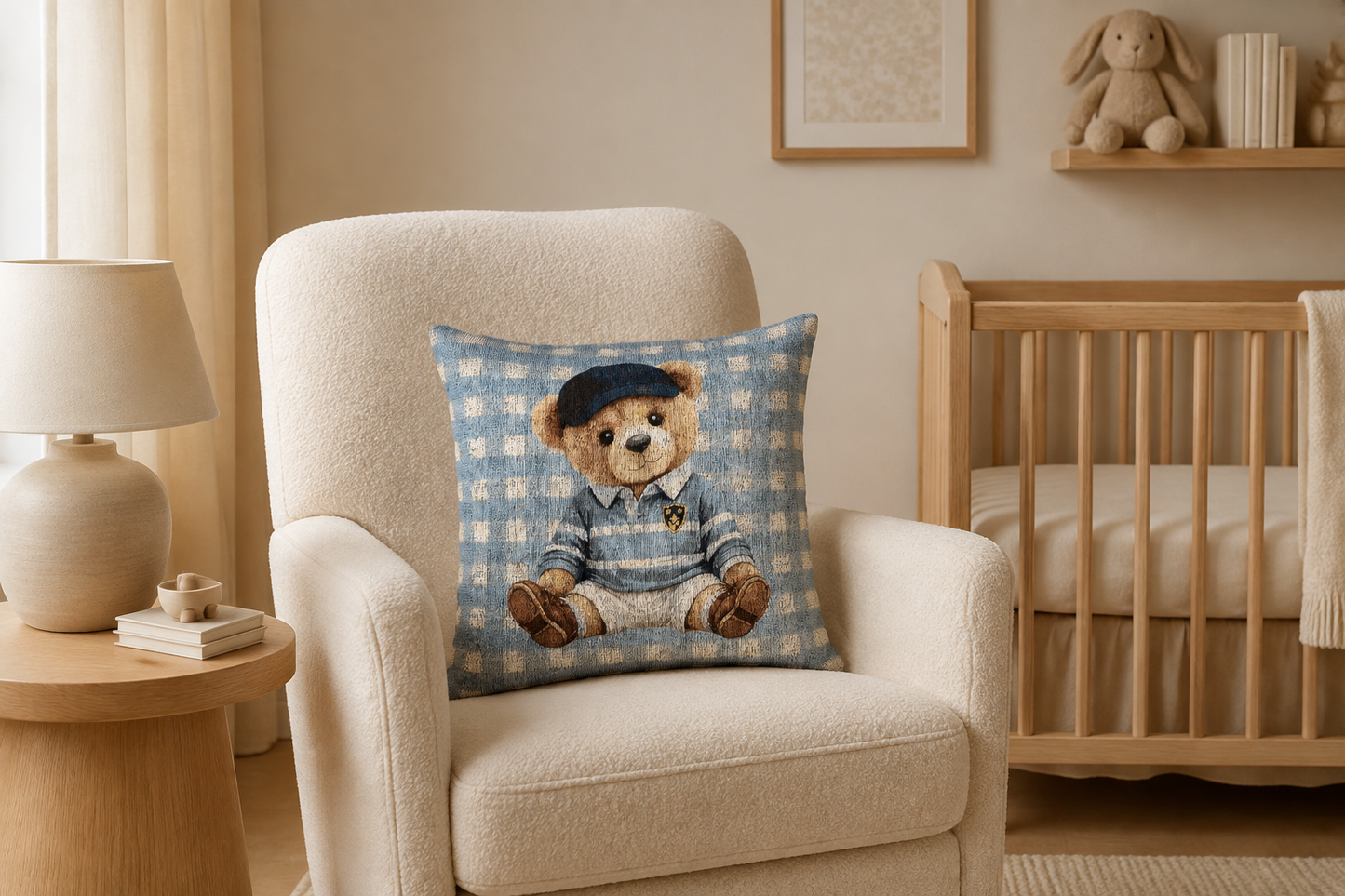 Teddy bear baby pillow on a cream armchair beside a wooden crib